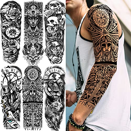 21 Hojas Brazo Completo Tatuajes Temporales Adultos Mujer Hombre Manga Completa, Tatuajes Falsos Leones Tigre Calaveras Rosas Caballero Guerrero Realista, Tatuajes Adhesivos Muslo Pierna Largo Grande