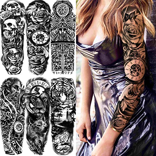 21 Hojas Brazo Completo Tatuajes Temporales Adultos Mujer Hombre Manga Completa, Tatuajes Falsos Leones Tigre Calaveras Rosas Caballero Guerrero Realista, Tatuajes Adhesivos Muslo Pierna Largo Grande