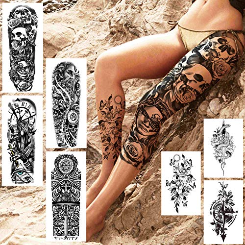 21 Hojas Brazo Completo Tatuajes Temporales Adultos Mujer Hombre Manga Completa, Tatuajes Falsos Leones Tigre Calaveras Rosas Caballero Guerrero Realista, Tatuajes Adhesivos Muslo Pierna Largo Grande