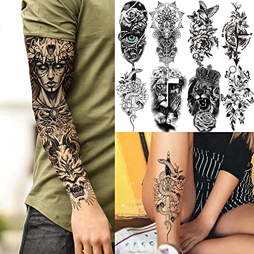 21 Hojas Brazo Completo Tatuajes Temporales Adultos Mujer Hombre Manga Completa, Tatuajes Falsos Leones Tigre Calaveras Rosas Caballero Guerrero Realista, Tatuajes Adhesivos Muslo Pierna Largo Grande