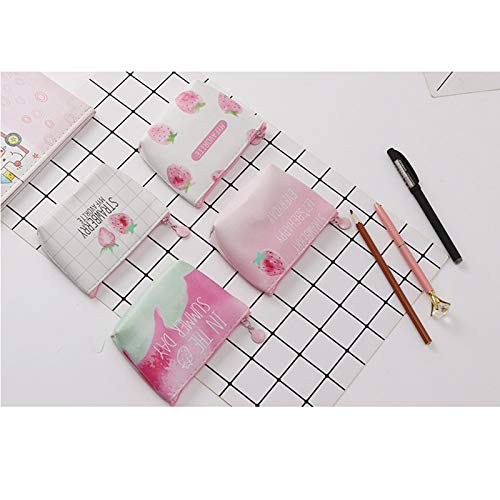 4 Piezas Mini Monedero Pequeño, Monedero con Cremallera Mini Lindo, Mini Cartera de la Moneda, Diseño de Patrón de Fresa, para Almacenar Llaves, Barra de Labios, Tarjeta de crédito(Rosa, Blanco)