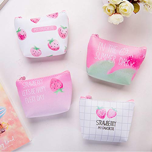 4 Piezas Mini Monedero Pequeño, Monedero con Cremallera Mini Lindo, Mini Cartera de la Moneda, Diseño de Patrón de Fresa, para Almacenar Llaves, Barra de Labios, Tarjeta de crédito(Rosa, Blanco)