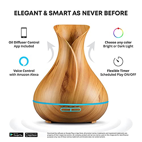 400ml Difusor de Aceites Esenciales Smart Wifi, Funciona con Alexa y Google Home, Aplicación de Teléfono y Control por Voz, Crear Horarios, LED de 7 Colores, Configuración del Temporizador,Wood grain