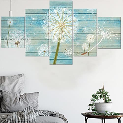 5 Piezas Arte Pared Pintura En Lienzo Flor Diente León Blanco Cielo Azul Póster Decoración Del Hogar Cuadros Modulares Sala Estar Moderna Enmarcado Listo Para Colgar,50*25Cm