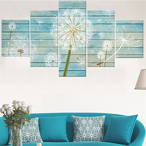 5 Piezas Arte Pared Pintura En Lienzo Flor Diente León Blanco Cielo Azul Póster Decoración Del Hogar Cuadros Modulares Sala Estar Moderna Enmarcado Listo Para Colgar,50*25Cm