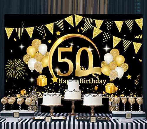 50 Años Decoración de Fiesta de Cumpleaños de Oro Negro, 50 Pancarta Feliz Cumpleaños Fondo Foto Cumpleaños, Póster de Tela Cartel Extra Grande para Hombre Mujer Materiales de Fiesta de Cumpleaños