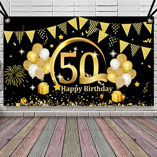 50 Años Decoración de Fiesta de Cumpleaños de Oro Negro, 50 Pancarta Feliz Cumpleaños Fondo Foto Cumpleaños, Póster de Tela Cartel Extra Grande para Hombre Mujer Materiales de Fiesta de Cumpleaños