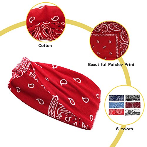 6 Diademas - Paisley Bandana para Mujer, Turbante de Algodón Elástico Banda Ancha Para el Cabello, Pañuelo Para la Cabeza Banda Bandas Elásticas Diadema Bohemia Ideal Para Deportes/Correr/Yoga