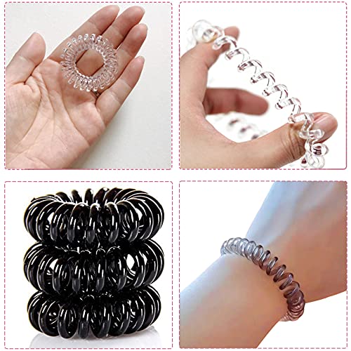 9 Piezas Gomas del pelo Elásticas, Cintas para el cabello en espiral cable de teléfono, bandas para el pelo, resistentes al agua, Soporte para coletas para mujeres y niñas,Negro y Transparente y Gris