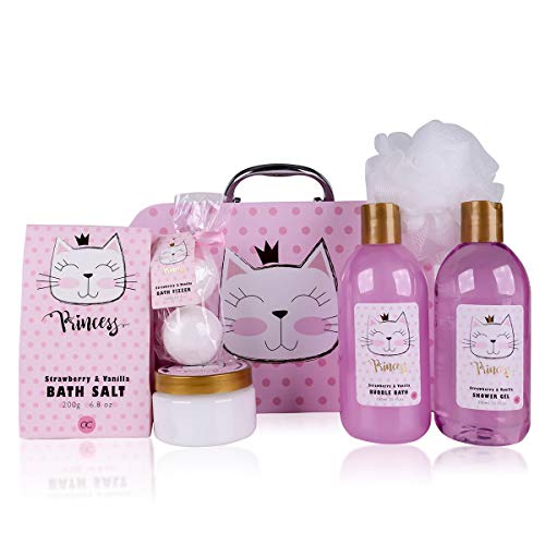 Accentra Set De Baño Y Ducha Princess Kitty Para Mujeres Y Niñas, Con Dulce Aroma A Fresa Y Vainilla, 7 Piezas En Estuche De Papel, Rosa