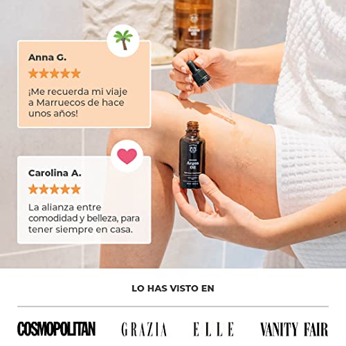 ACEITE DE ARGÁN ORGÁNICO | 100% Puro, Natural y Prensado en Frío | Rostro, Cuerpo, Cabello, Barba, Uñas | Vegano y Cruelty Free | Botella de Vidrio + Pipeta + Bomba (50ml)