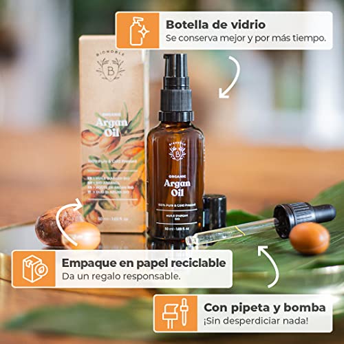 ACEITE DE ARGÁN ORGÁNICO | 100% Puro, Natural y Prensado en Frío | Rostro, Cuerpo, Cabello, Barba, Uñas | Vegano y Cruelty Free | Botella de Vidrio + Pipeta + Bomba (50ml)