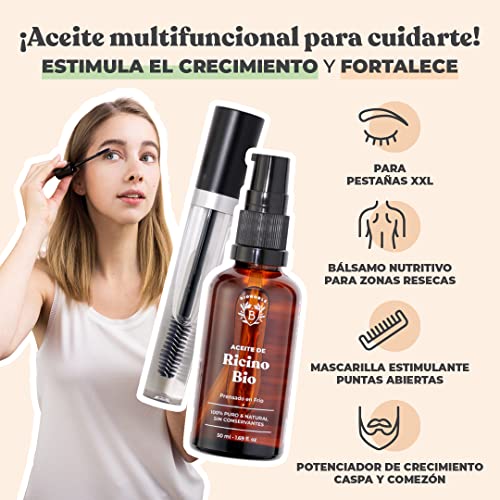 ACEITE DE RICINO ORGÁNICO | 100% Puro, Natural y Prensado en Frío | Pestañas, Cejas, Cuerpo, Cabello, Barba, Uñas | Vegan Castor Oil | Botella de Vidrio + Pipeta + Bomba + Kit de Rímel (50ml)