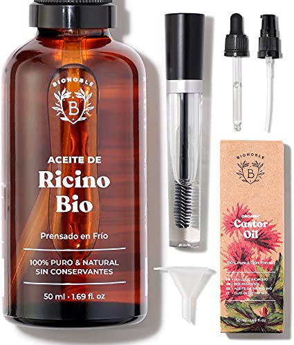 ACEITE DE RICINO ORGÁNICO | 100% Puro, Natural y Prensado en Frío | Pestañas, Cejas, Cuerpo, Cabello, Barba, Uñas | Vegan Castor Oil | Botella de Vidrio + Pipeta + Bomba + Kit de Rímel (50ml)