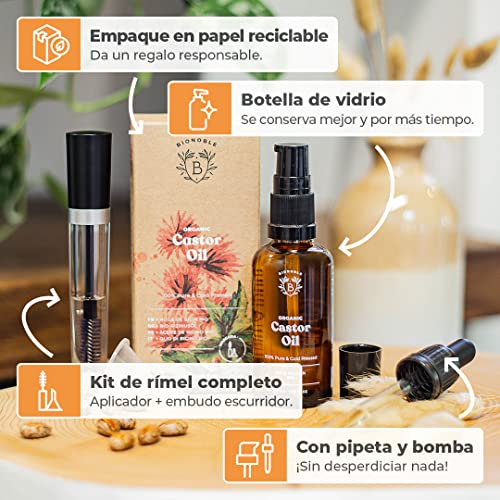 ACEITE DE RICINO ORGÁNICO | 100% Puro, Natural y Prensado en Frío | Pestañas, Cejas, Cuerpo, Cabello, Barba, Uñas | Vegan Castor Oil | Botella de Vidrio + Pipeta + Bomba + Kit de Rímel (50ml)