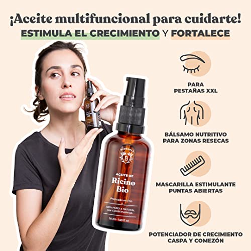 ACEITE DE RICINO ORGÁNICO | 100% Puro, Natural y Prensado en Frío | Pestañas, Cejas, Cuerpo, Cabello, Barba, Uñas | Vegano y Cruelty Free | Castor Oil | Botella de Vidrio + Pipeta + Bomba (50ml)