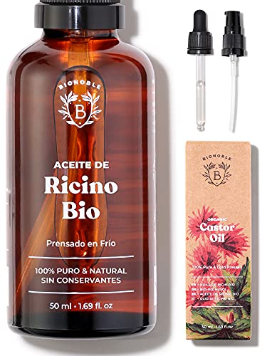 ACEITE DE RICINO ORGÁNICO | 100% Puro, Natural y Prensado en Frío | Pestañas, Cejas, Cuerpo, Cabello, Barba, Uñas | Vegano y Cruelty Free | Castor Oil | Botella de Vidrio + Pipeta + Bomba (50ml)