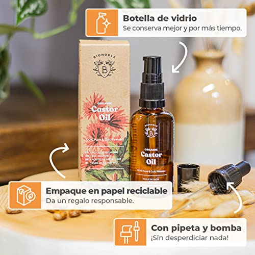 ACEITE DE RICINO ORGÁNICO | 100% Puro, Natural y Prensado en Frío | Pestañas, Cejas, Cuerpo, Cabello, Barba, Uñas | Vegano y Cruelty Free | Castor Oil | Botella de Vidrio + Pipeta + Bomba (50ml)