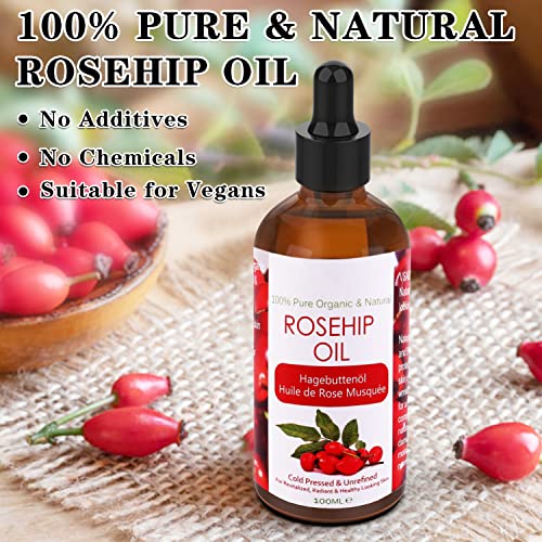 Aceite de Rosa Mosqueta Puro 100ml con Ácidos Grasos Insaturados, 100% Natural Aceite Prensado en Frío Hidratante para Anti-envejecimiento, Desvanece la Cicatriz, Revitaliza la Facial Piel y Cabello