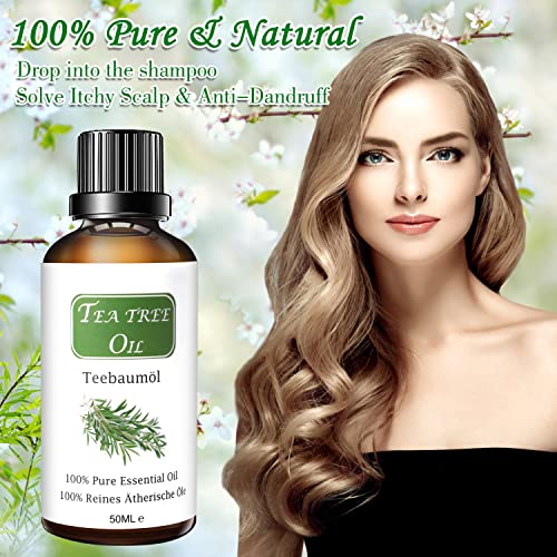 Aceite Esencial de Árbol de Té Orgánico 50ml 100% Puro y Natural Aceite De Arbol de Té Aceites Esenciales Tea Tree Essential Oil Para Masaje, la Cara y Cuerpo Tratamiento Acné Para Piojos