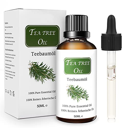 Aceite Esencial de Árbol de Té Orgánico 50ml 100% Puro y Natural Aceite De Arbol de Té Aceites Esenciales Tea Tree Essential Oil Para Masaje, la Cara y Cuerpo Tratamiento Acné Para Piojos