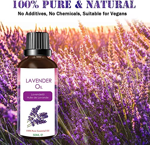 Aceite Esencial de Lavanda 50ml, Aceites Esenciales Aromaterapia Naturales Puro, Aceites de Fragancia para Humidificador Difusores, Masaje SPA Baño, Calma y Sueño, Antiinflamatorio