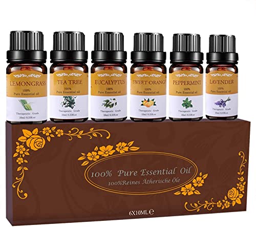 Aceites Esenciales para Humidificador, TOP 6 x10ml Aceites Esenciales Aromaterapia Naturales Puros para Difusor (Lavanda, Naranja Dulce, Menta, Arból de Té, Limoncillo, Eucalipto)