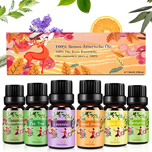 Aceites Esenciales para Humidificador,6 x 10 ml Aceites Esenciales Naturales y Puro,Set de Aromaterapia para Diffusor- Lavanda, Eucalipto, Limoncillo, Árbol de Té, Menta, Naranja Dulce| Set de Regalo