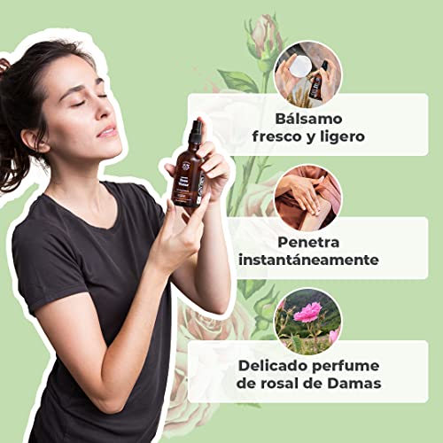 AGUA DE ROSAS ORGÁNICA | Tónico de Agua de Rosas de Damasco 100% Puro y Natural | Cara, Contorno de Ojos, Cuerpo, Cabello | Botella de Vidrio + Spray (200 ml)