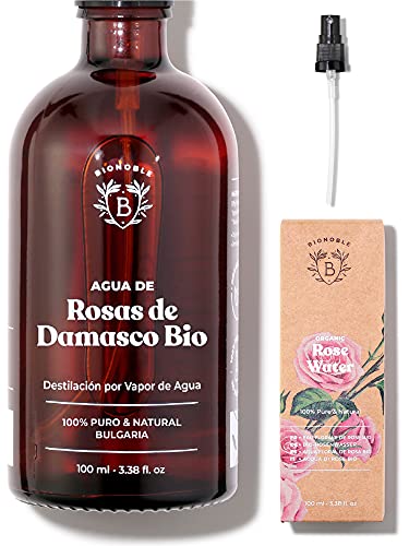 AGUA DE ROSAS ORGÁNICA | Tónico de Agua de Rosas de Damasco 100% Puro y Natural | Cara, Contorno de Ojos, Cuerpo, Cabello | Botella de Vidrio + Spray (100 ml)