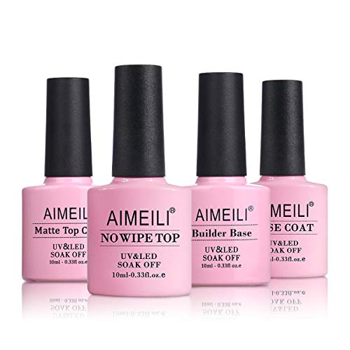 AIMEILI Base y Top Coat Semipermanente con Top Coat Mate y Builder Gel Base Nail Extensión Esmaltes Semipermanentes de Uñas en Gel UV LED Kit de Esmaltes de Uñas 10ML