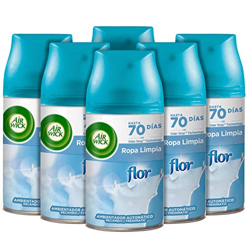 Air Wick Freshmatic - Recambios de ambientador spray automático, esencia para casa con aroma a Flor Ropa Limpia - 238 g - Pack de 6