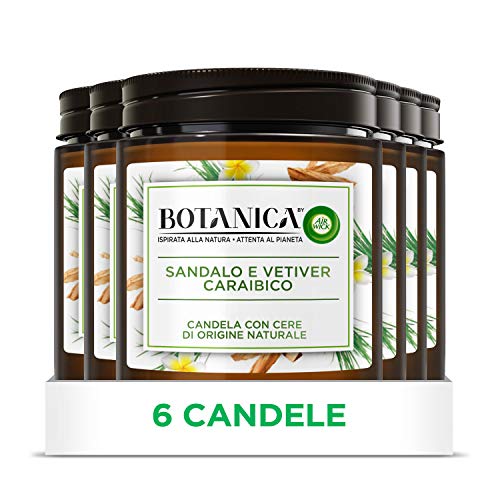 Airwick Botanica - Velas perfumadas con cera de origen natural, paquete de 6 velas, aroma de sándalo y vetiver caribeño, fragancia natural – Velas de 205 g