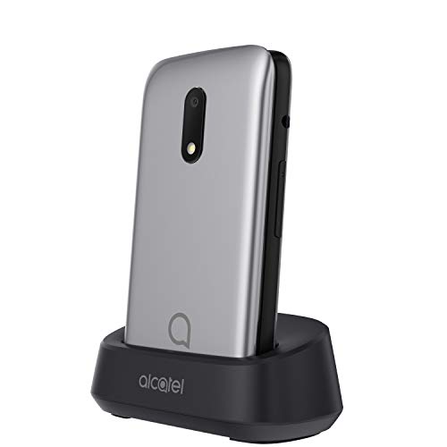 Alcatel 3026 - Teléfono móvil de fácil uso con tapa y base para cargar, botón SOS, Cámara 2MP con flash, teclas grandes, Plateado [Versión ES/PT]