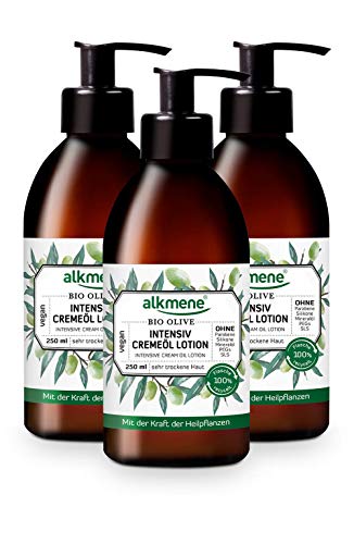 alkmene loción corporal de aceite de oliva bio - Crema corporal hidratante - especial para piel seca - sin siliconas, parabenos ni PEGs, SLS y SLES (3x 250 ml)