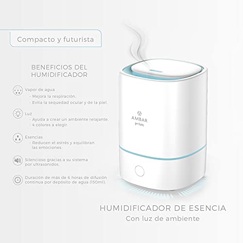 Ambar Perfums Humidificador Ultrasónico y Ultrasilencioso 2.0. Bienestar Natural con esencias Ambar Tecnología Fusión, colores LED con modo fijo o intermitente. Apagado automático. Más de 8h non-stop.