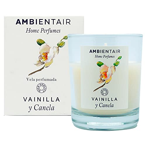 Ambientair Home Perfume. Vela aromática Vainilla y Canela, ambientador de vainilla y canela, Vela aromática para casa, Aromaterapia, Vela en vaso de cristal para interiores. Duración 30 horas.