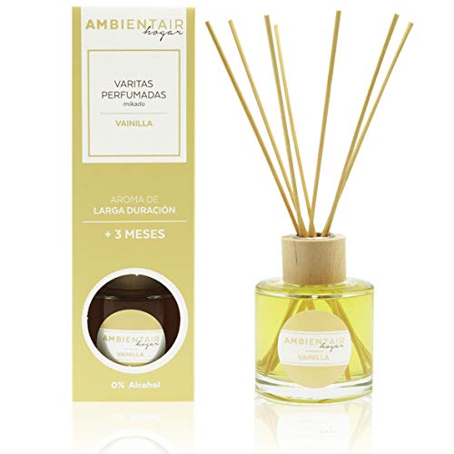 Ambientair Home Perfumes. Difusor de Varillas perfumadas Aroma Vainilla y Canela. Ambientador Mikado Aroma Vainilla y Canela. Difusor 100 ml con palitos de ratán. Ambientador sin Alcohol para casa.