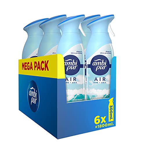 Ambipur Ambientador Casa Spray, 1.8 L (6 x 300 ml), Elimina los Malos Olores, Fragancia Brisa Marina, Mega Pack