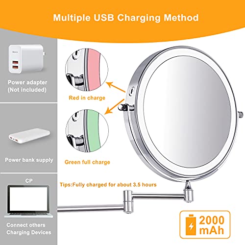 Amelar 8 Pulgadas Espejo Maquillaje de Pared con Luz LED Aumento 1X/10X Espejo Cosmético de Doble Cara con 3 Luces de Colores Recargable por USB, Rotación de 360° Extensible Apto para Baño y Hotel