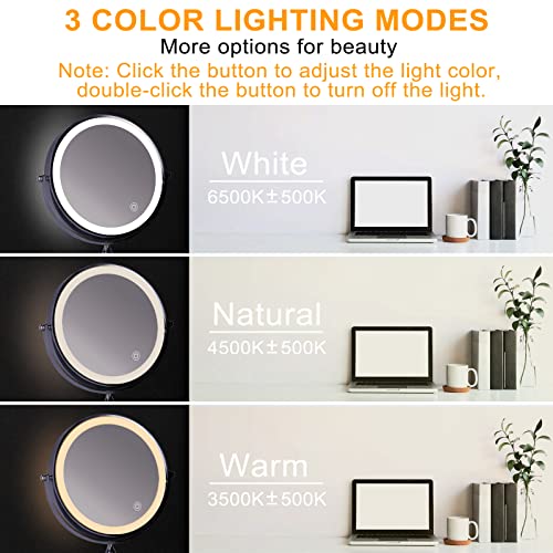 Amelar 8 Pulgadas Espejo Maquillaje de Pared con Luz LED Aumento 1X/10X Espejo Cosmético de Doble Cara con 3 Luces de Colores Recargable por USB, Rotación de 360° Extensible Apto para Baño y Hotel