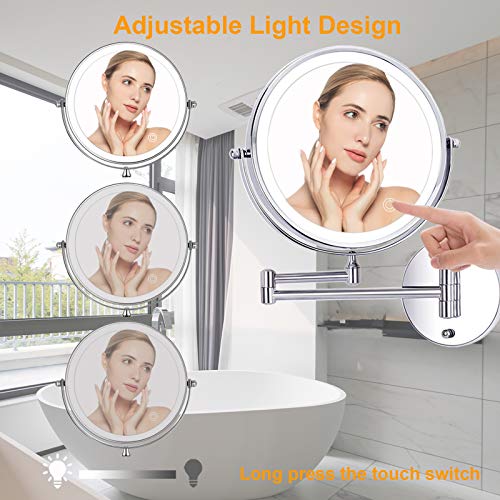 Amelar 8 Pulgadas Espejo Maquillaje de Pared con Luz LED Aumento 1X/10X Espejo Cosmético de Doble Cara con 3 Luces de Colores Recargable por USB, Rotación de 360° Extensible Apto para Baño y Hotel