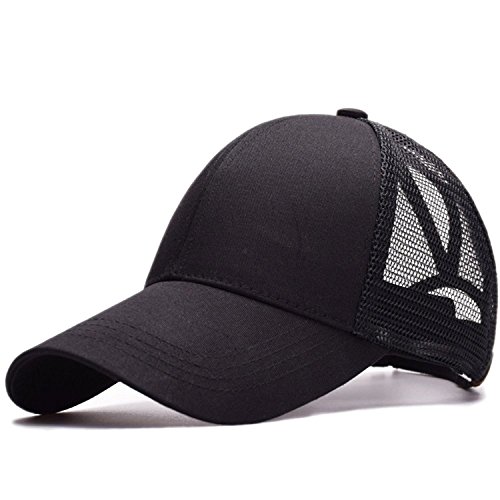 Amknn Gorra de béisbol con diseño de coleta, ponycaps de malla desordenada, para camionero, ponycaps de béisbol liso, gorra para papá para mujeres y hombres (01 negro)