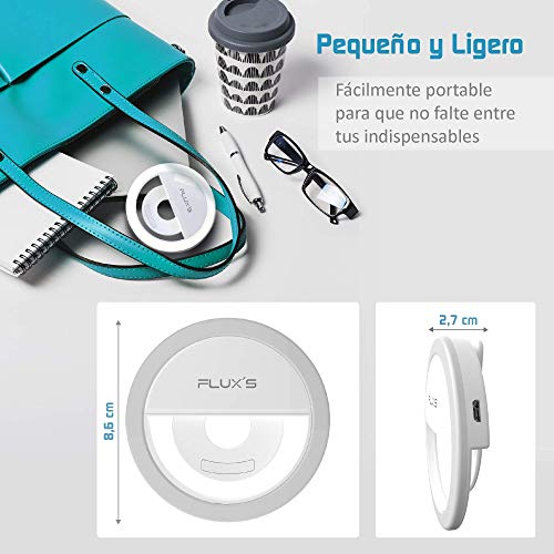 Anillo de Luz Selfie LED Mini Flux’S, Recargable por USB, con Pinza de Sujeción, para Móvil, Tablet o Portátil, para Selfies, Youtube, TIK Tok, Instagram, Directos, Videollamadas, Maquillaje