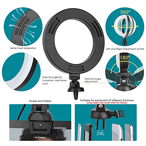 Anillo de Luz Videoconferencia, 6" Aro de Luz Portatil con Trípode y Clip para Laptops, Webcam, Cámaras y Teléfonos Móviles, Ajustable en 360 °, 3 Modos de Iluminación y 10 Brillos Anillo de Video Luz