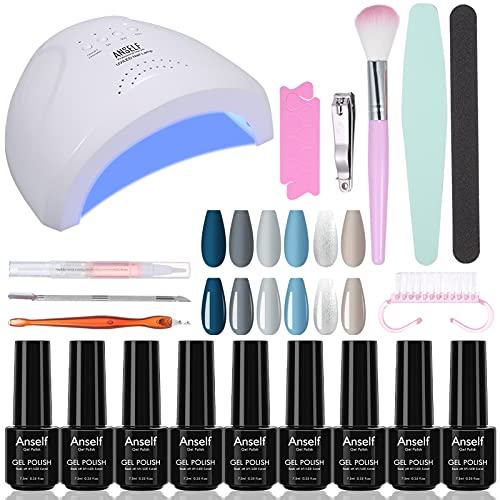 Anself 48W Lámpara UV LED Kit de Esmaltes Semipermanentes,6 x 7.5ml Kit de Iniciación de Esmalte de Uñas de Gel Semipermanente, Base y Top Coat Nail Art Kit Manicura con Herramientas