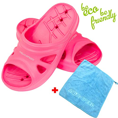 Aqua Speed Florida - Set - Zapatillas de baño + Toalla de Microfibra | Sandalias de Ducha | Zapatillas de Playa | Rosa | Tamaño: 31