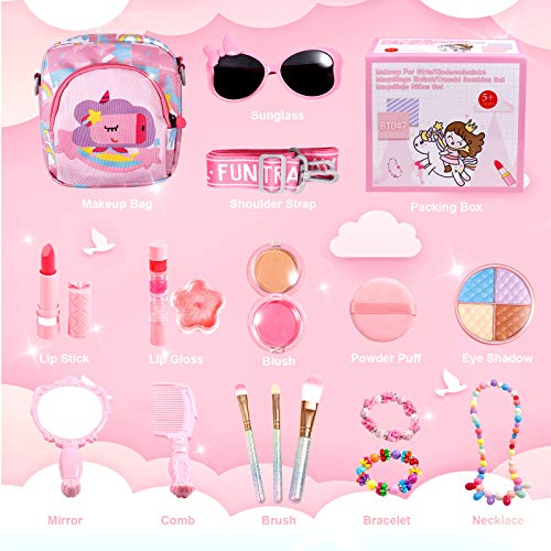 ARANEE Juguete de Maquillaje para niños, 17 Piezas Kit de Juguete de Maquillaje Lavable con Bolsa De Cosméticos para Juegos, Fiesta De Cumpleaños De Navidad