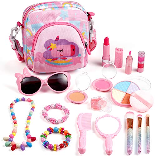 ARANEE Juguete de Maquillaje para niños, 17 Piezas Kit de Juguete de Maquillaje Lavable con Bolsa De Cosméticos para Juegos, Fiesta De Cumpleaños De Navidad