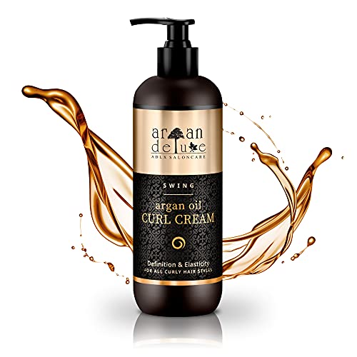 Argan Deluxe Crema de aceite de argán definidora de rizos con acabado de peluquería 300 ml - MÁS CONTENIDO - Altamente hidratante, para un cuidado intensivo del cabello, brillo, volumen y elasticidad